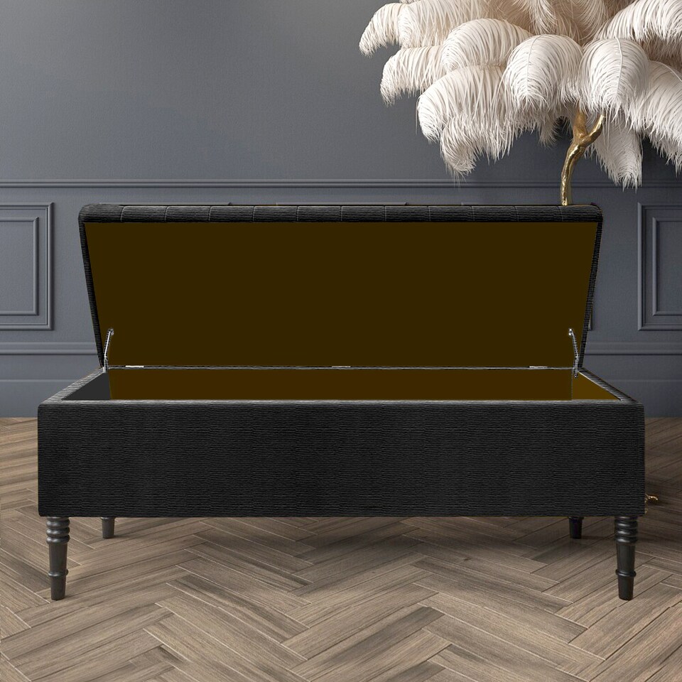 image 1 of 180cm Paris Striped Ottoman Storage Bench -Upholstered Shoes Bench with Black Turned Wooden Legs - Black Naple Ottoman Bench