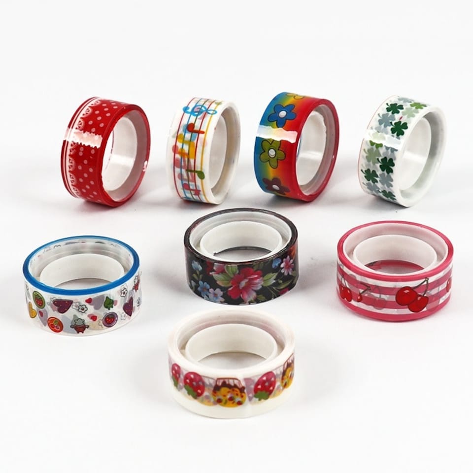 image 1 of Pack of 8 Fancy Colour Cartoon Washi Tapes 1.5cm x 5m