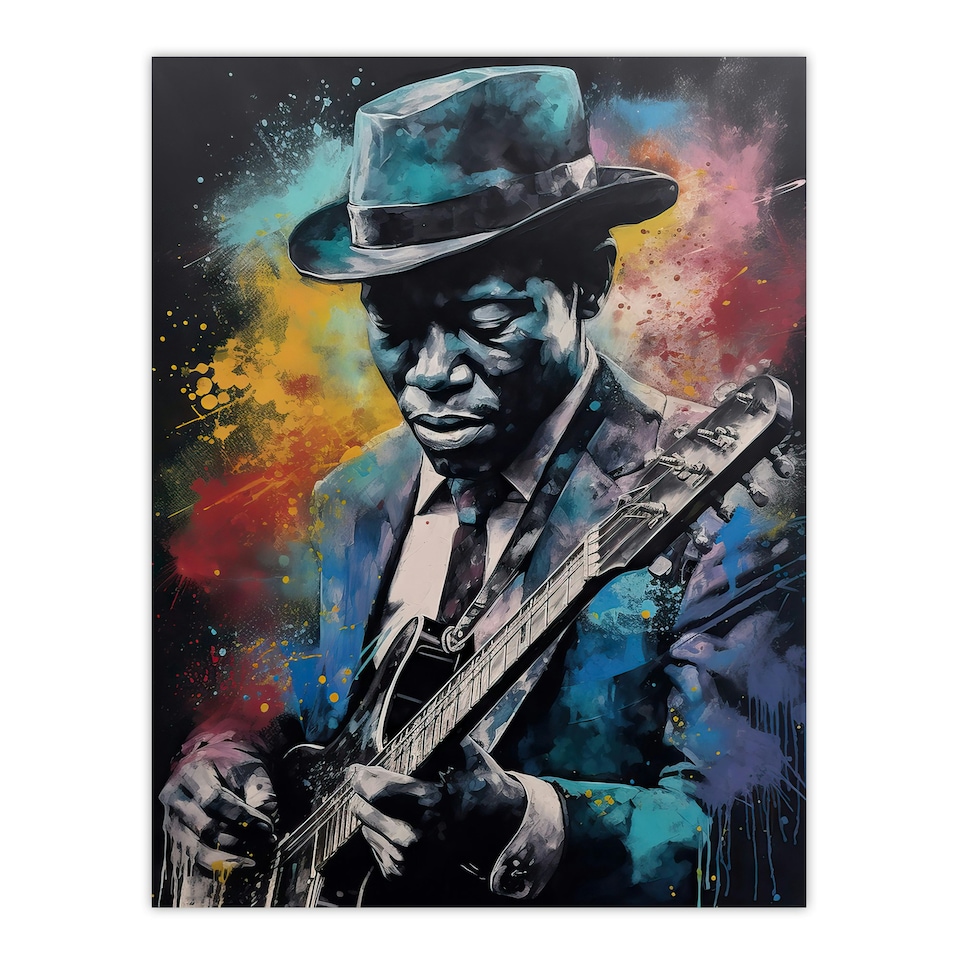 image 1 of Modern Blues Music Musician Colourful Splat Black Framed Wall Art Print A4