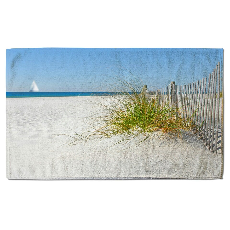 image 1 of Beautiful sand dune fence by sea grass with sailboat on horizon (Bathroom Set)