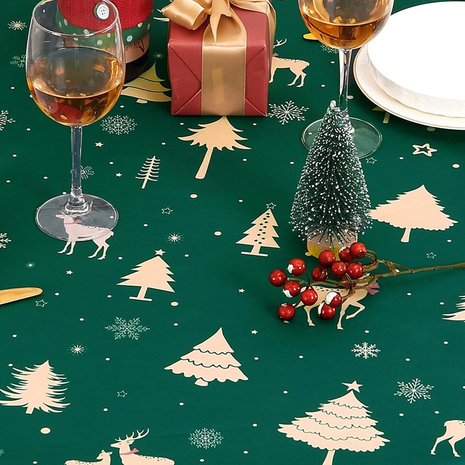 image 1 of London Boutique Round Christmas Tablecloth, Deer Pattern, Waterproof Table Cloth, 60 inch, Green