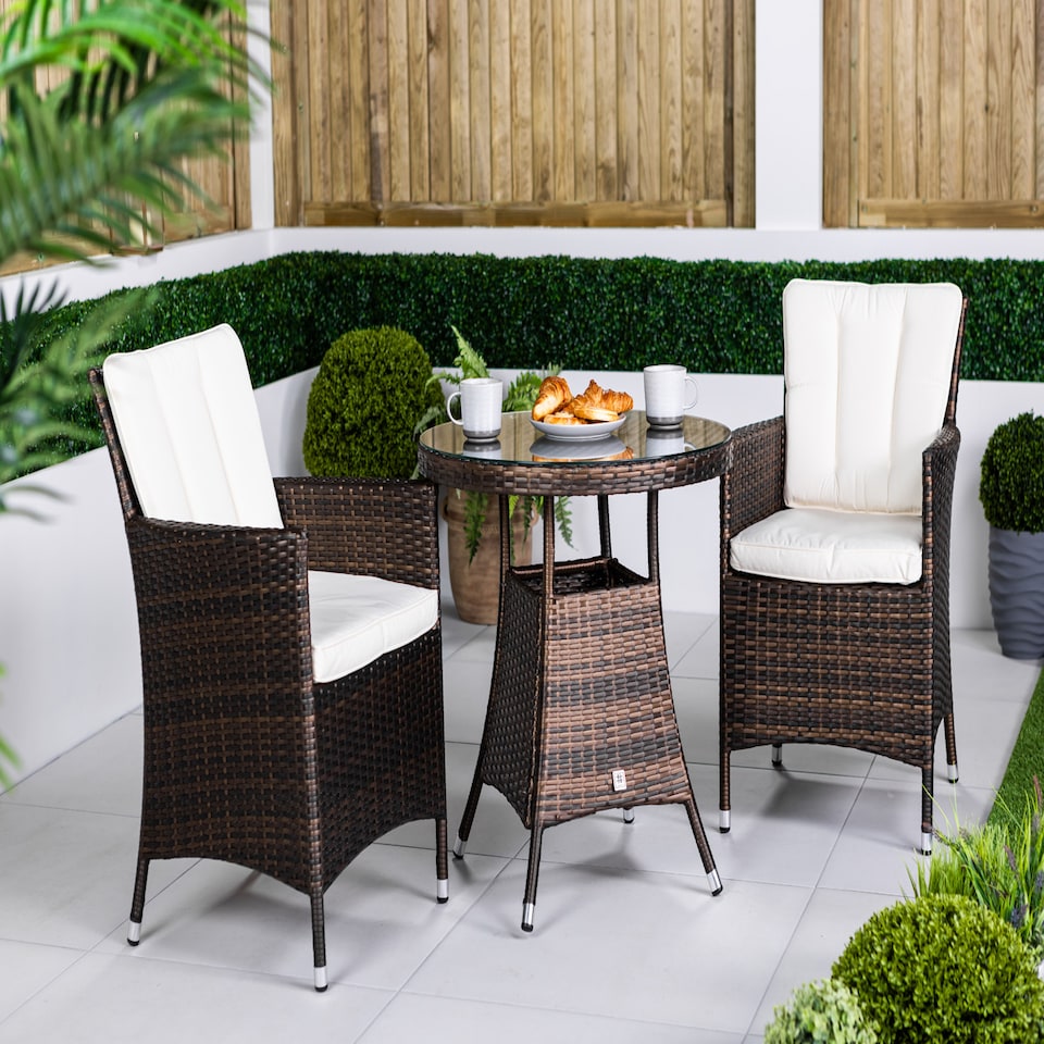 image 1 of Savannah Round Rattan Garden Bistro Table and Chairs Set 2 Seater | Brown | Brown