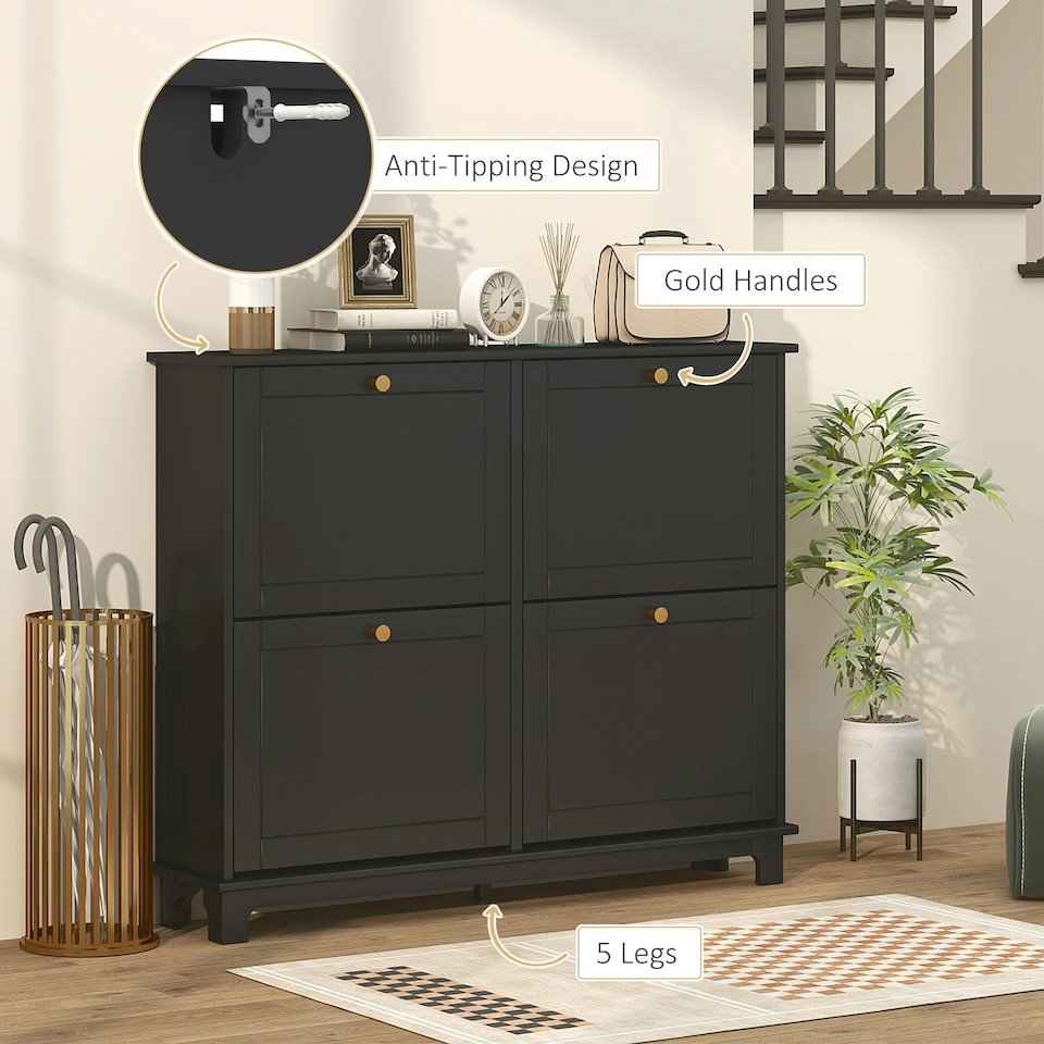 image 1 of HOMCOM Narrow Shoe Cabinet with 4 Flip Drawers Adjustable Shelves Black | Gold | 119.5W x 23.5D x 87H cm