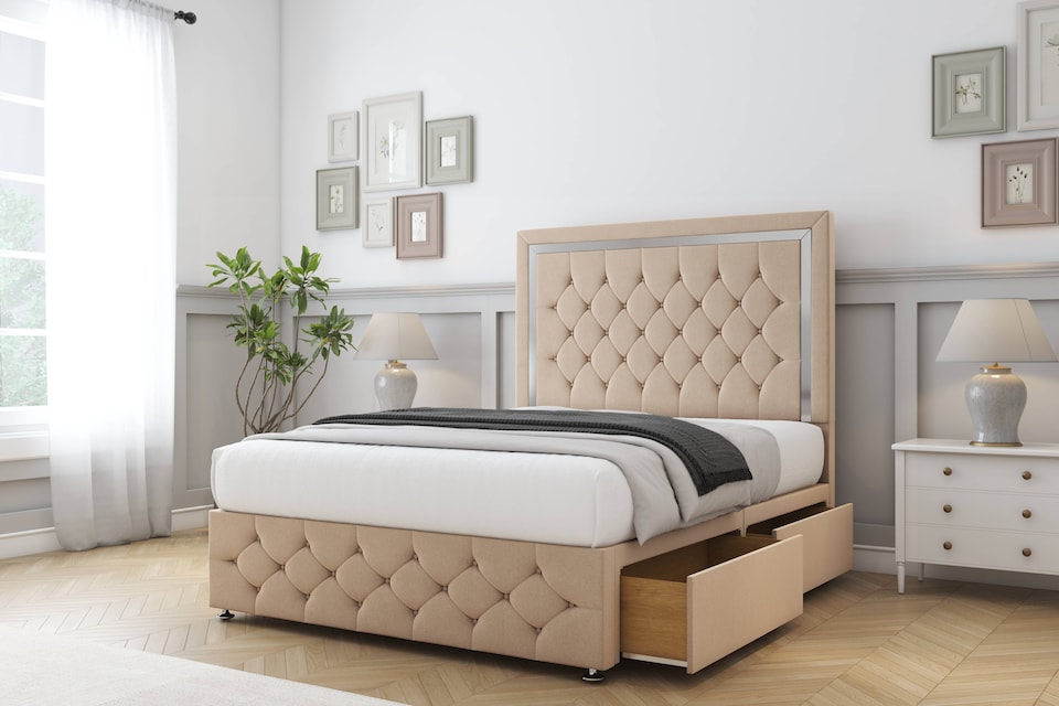 image 1 of Sloomy Sofia Chrome Pebble Plush Divan Bed Base No Drawers With 26 Inch Strutted Headboard & 12 Inch Matching Footboard | Brown | Pebble | Super King | 1