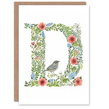 Letter D Flowers with Bird Garden Floral Alphabet Birthday Card