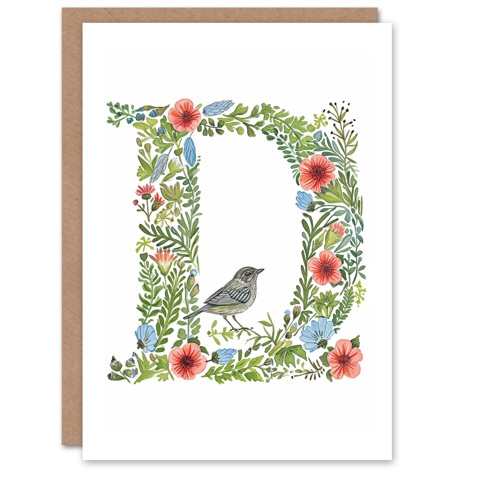 image 1 of Letter D Flowers with Bird Garden Floral Alphabet Birthday Card
