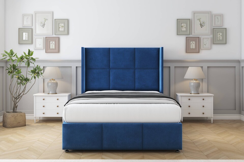 image 1 of Sloomy Beaumont Navy Plush Divan Bed Base 2 Drawers Foot-End With 54 Inch Wingback Headboard & 12 Inch Matching Footboard | Blue | Navy | Small Double | 1