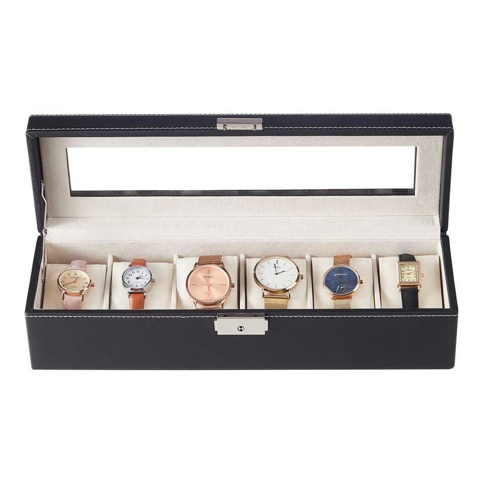 image 1 of Living and Home 6-Slot Elegant Faux Leather Watch Display Case