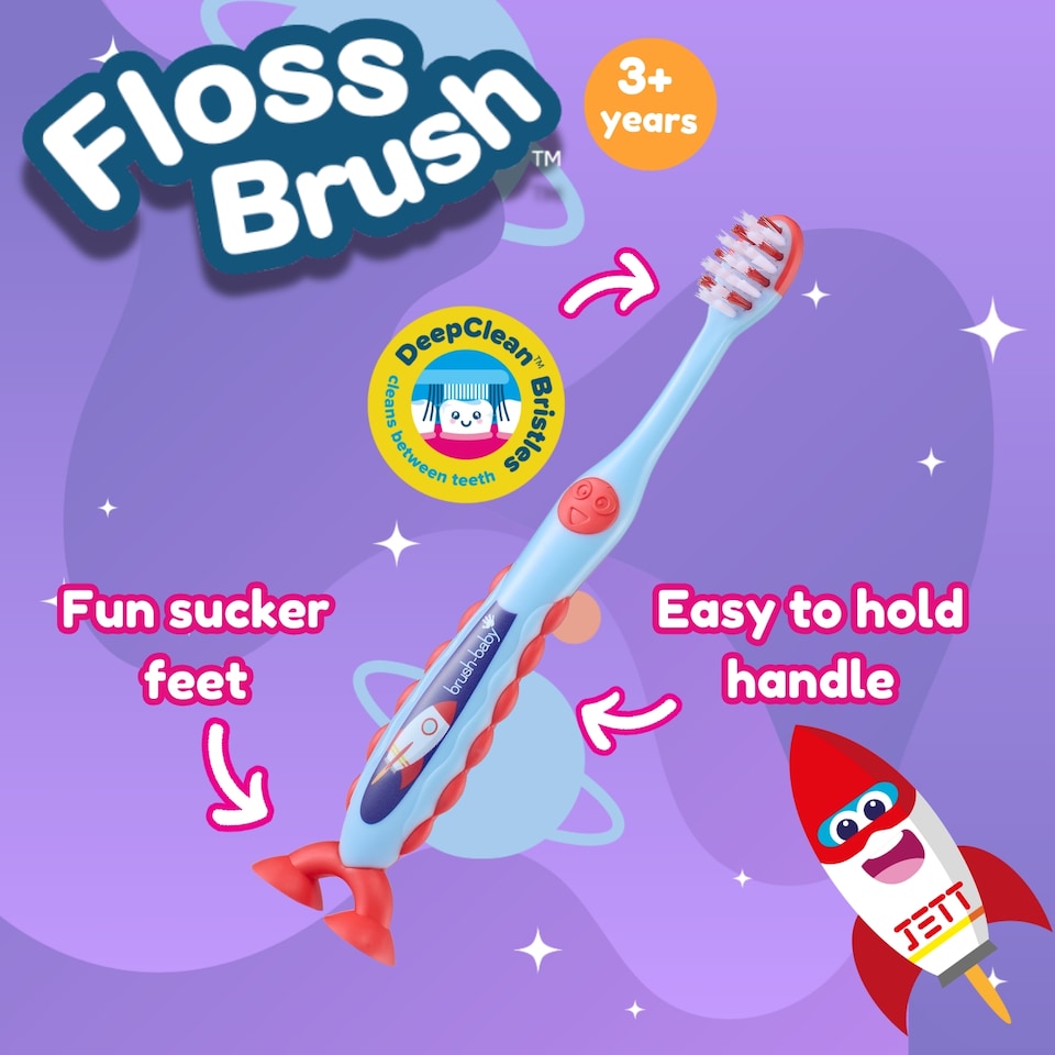 image 1 of Brush Baby Rocket FlossBrush™ Bristles Toothbrushes Double Pack (3-6 Years)