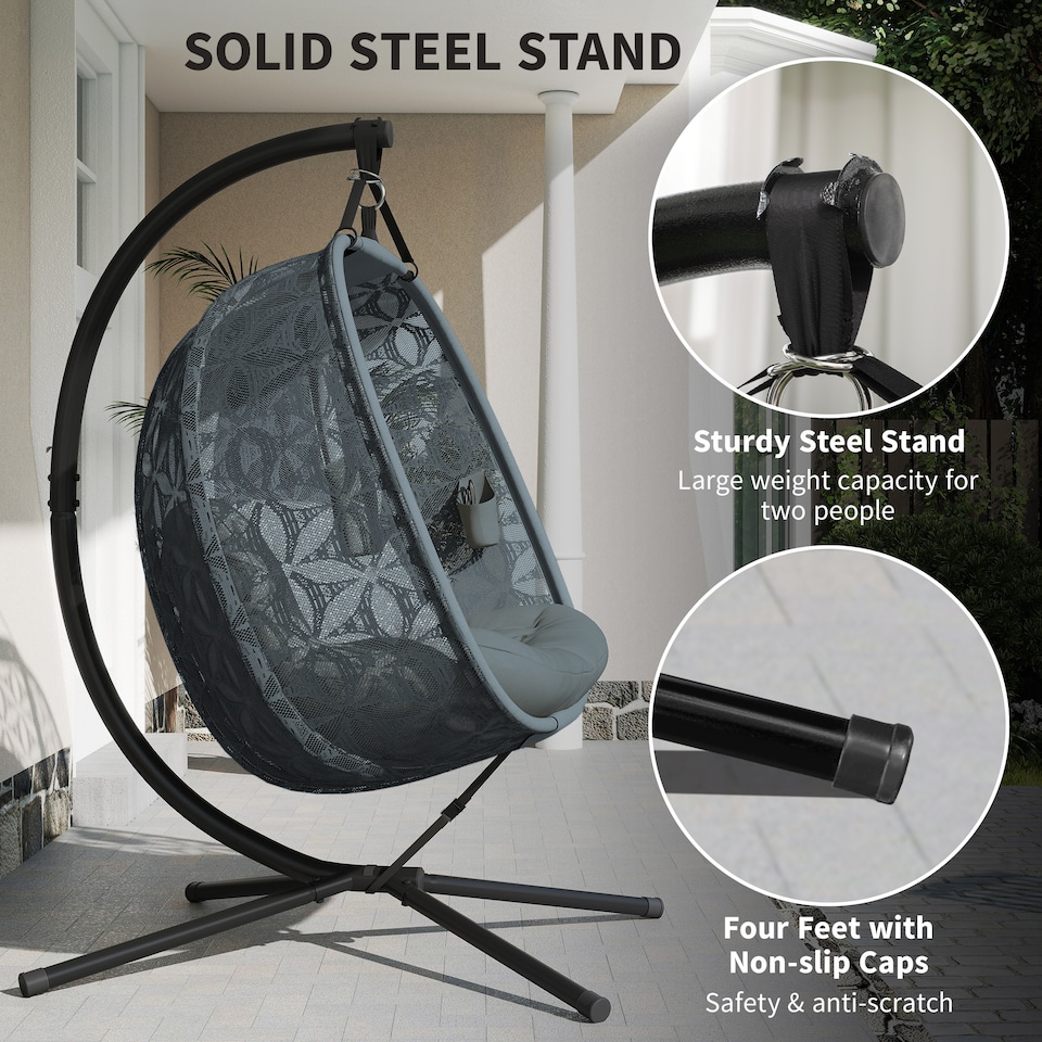 image 1 of Outsunny Double Hanging Swing Chair w/ Stand & Cup Holders, Charcoal Grey | Grey