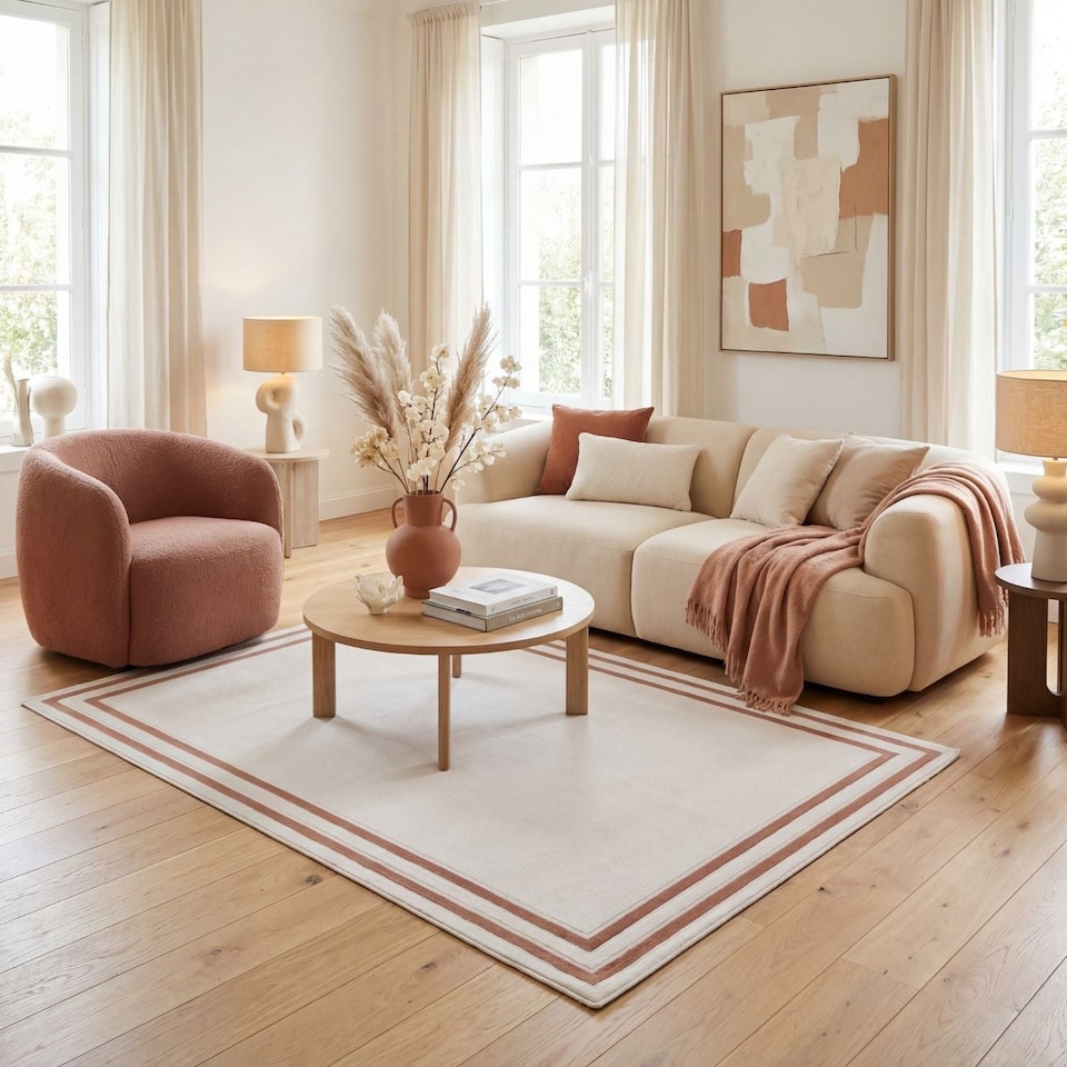 image 1 of The Rugs Carmel Collection Bordered Area Floor Rug Runner Soft Pile Living Room Bedroom