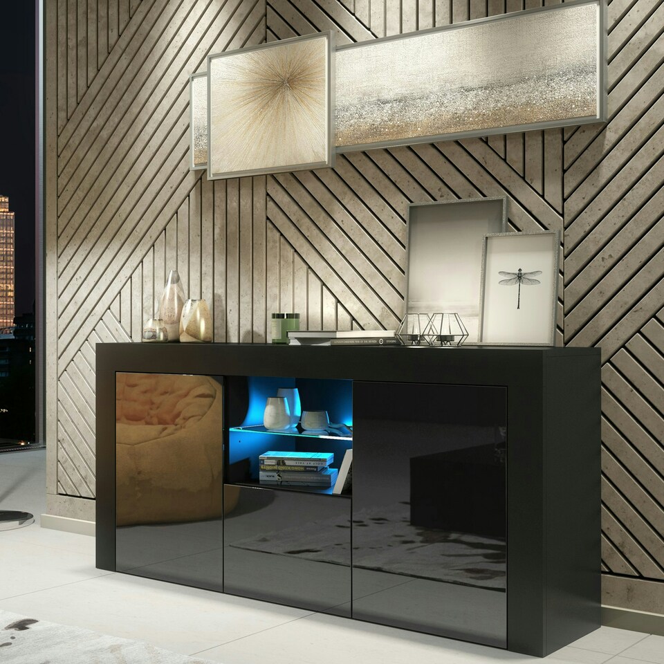 image 1 of Black TV Unit 145cm Gloss Doors Free LED Modern Media Cabinet Black