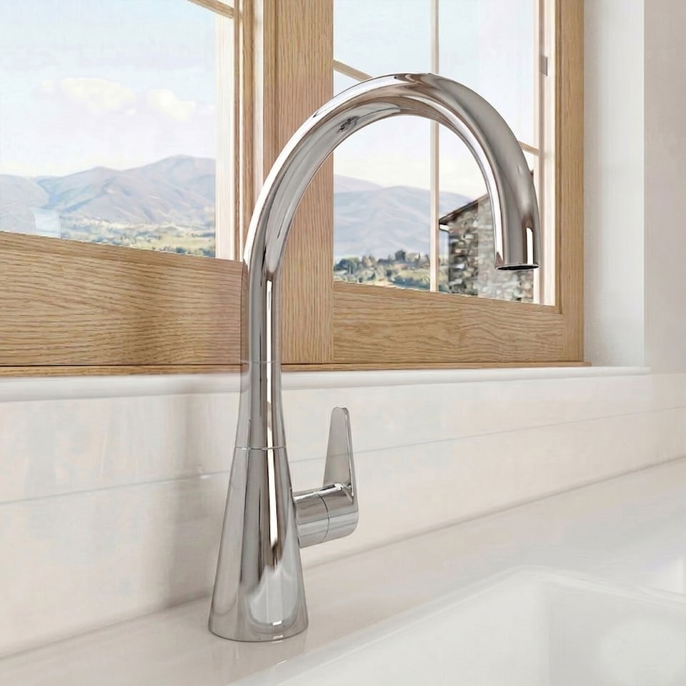 image 1 of Balterley Situla Kitchen Mono Mixer Tap with Single Lever Handle, Curved Swivel Spout | Silver | Chrome | 1