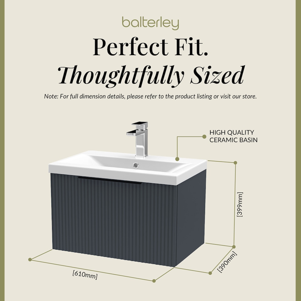 image 1 of Balterley Fluted Front Wall Hung 1-Drawer Bathroom Vanity Unit with 1 Tap Hole Basin, Handles | Grey | Soft Black