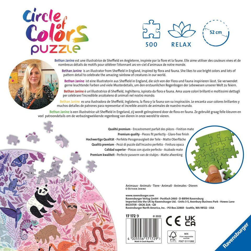 image 1 of Ravensburger Circle of Colours Animals 500 Piece Jigsaw Puzzle with Poster Age 10+