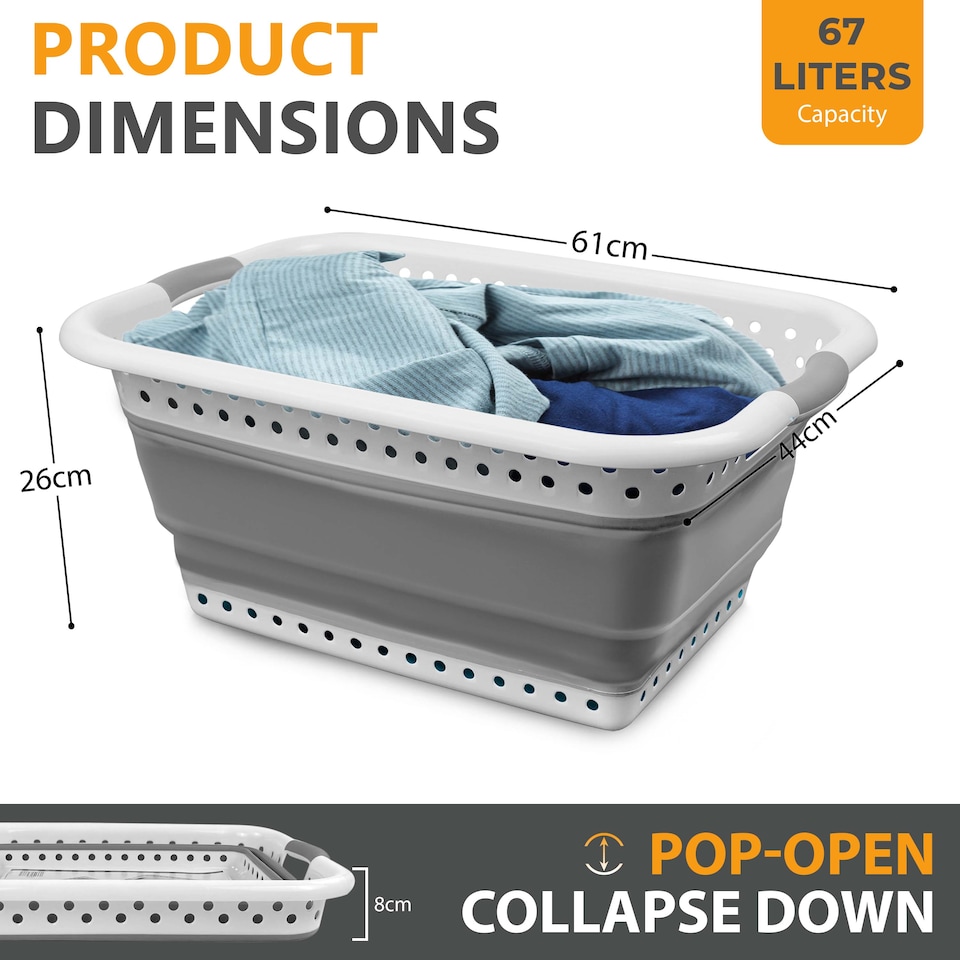 image 1 of 67l Folding Collapsible Laundry Basket Cloth Washing Space Saving Pop Up Bin | White | white