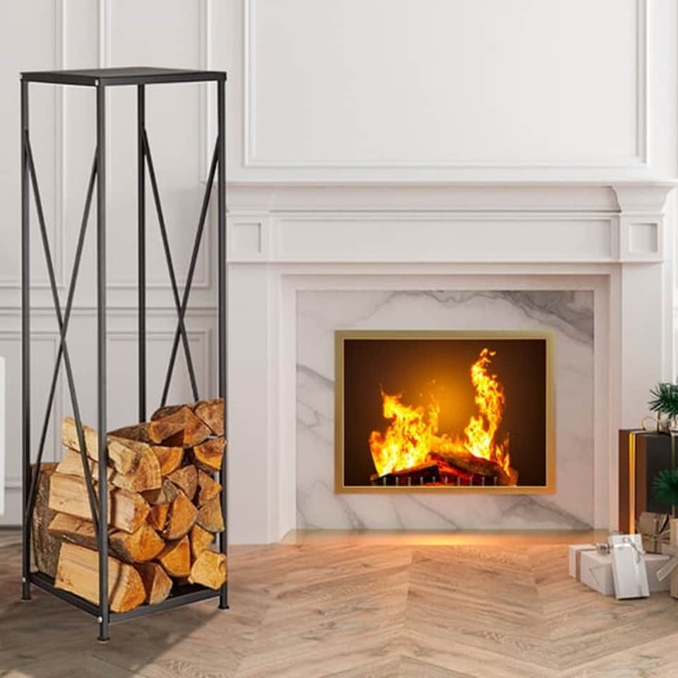 image 1 of Gr8 Garden Large Black Metal Steel Firewood Rack Log Wood Storage Holder Tall Shelf Stand