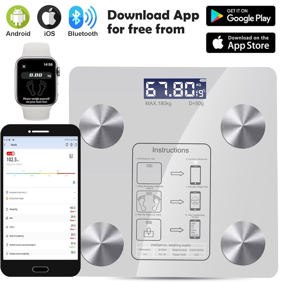 image 1 of Smart Bluetooth Weight Scales Bathroom Scales Weighing Body Scale with App Fitness Tracking High Accuracy Body Composition Monitor