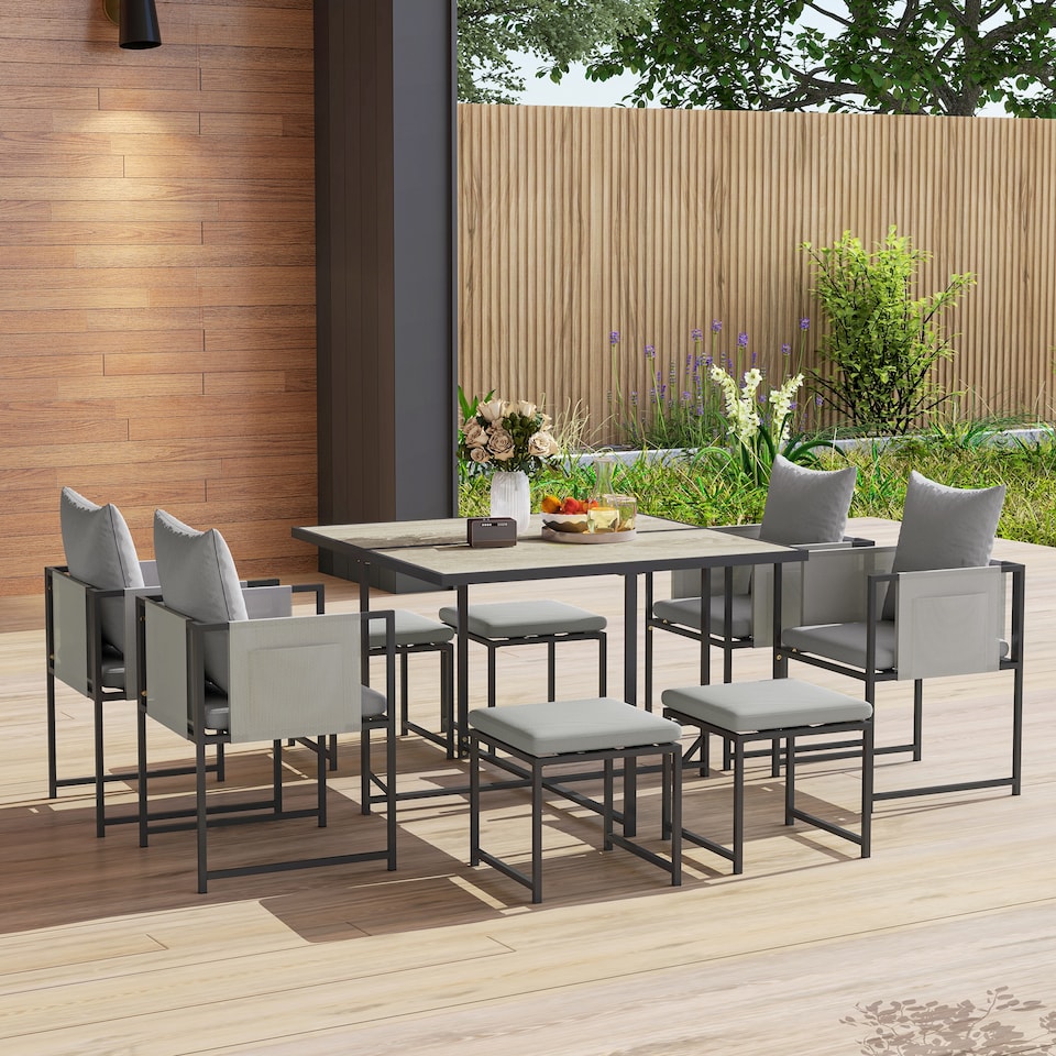 image 1 of Outsunny 9 Piece Garden Dining Set, Cube Outdoor Garden Furniture Set with Cushions, 8 Seater Garden Table and Chairs with 4 Stools, Square PSPC Plastic Top Table, Side Pockets for Conservatory, Grey | Grey | 1