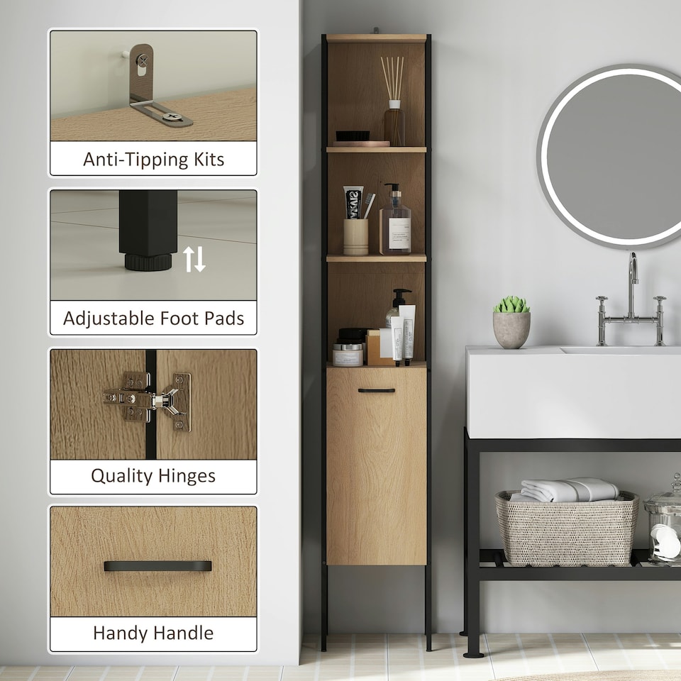 image 1 of HOMCOM Tall Bathroom Cabinet with 3 Open Shelves Adjustable Shelf, Natural | Brown | Black | 33 x 33 x 185 cm