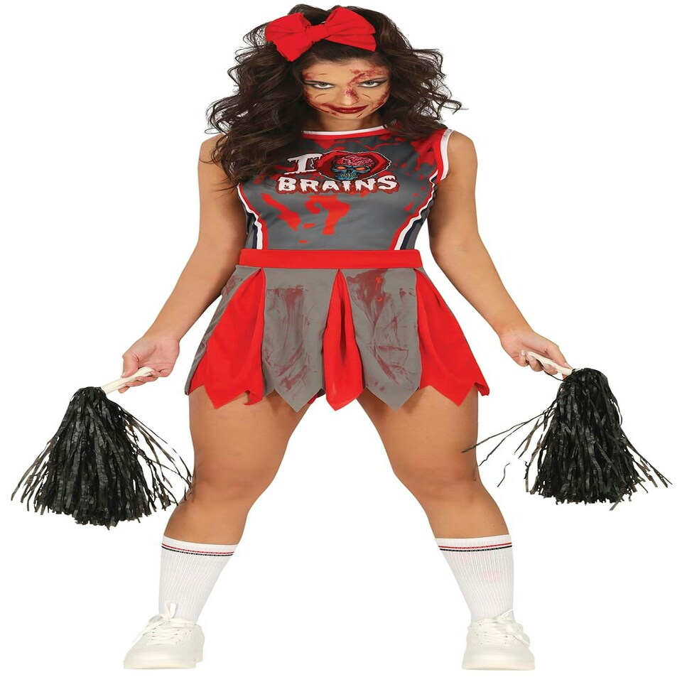 image 1 of Fancy Dress Adult Zombie Cheerleader Grey Red - M