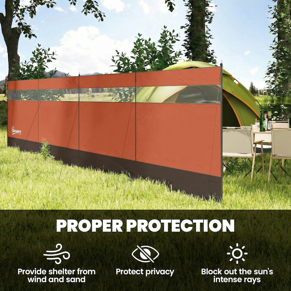 image 1 of Outsunny Camping Windbreaks with Clear Windows, 725 x 140cm | Orange | Orange, Khaki, Clear | 725 x 140 cm
