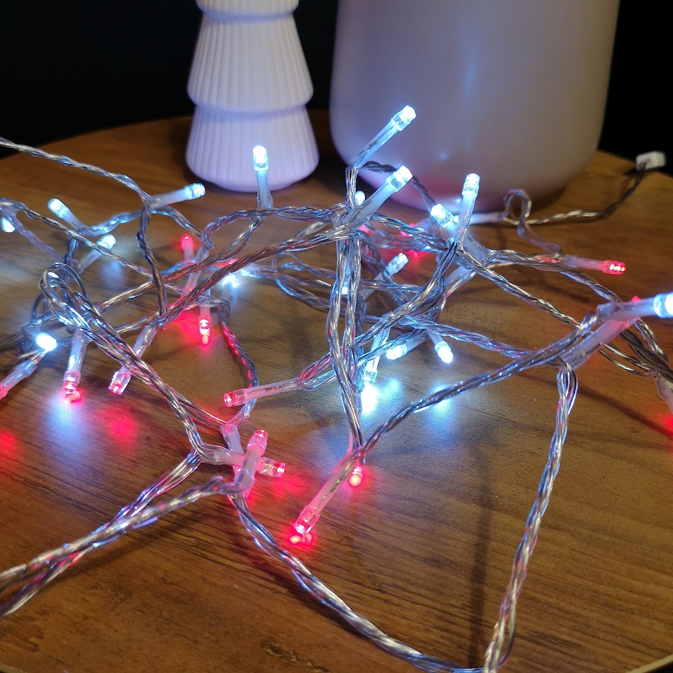 image 1 of 200 LED 16m Christmas Outdoor Function Lights Timer Clear Cable in Red & White