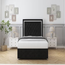 Sloomy Sofia Chrome Black Plush Divan Bed With Mattress 2 Drawers Left Side With 54" Floor Standing Headboard & 12" Matching Footboard 4'6 Double | Black | Black | Double | 1