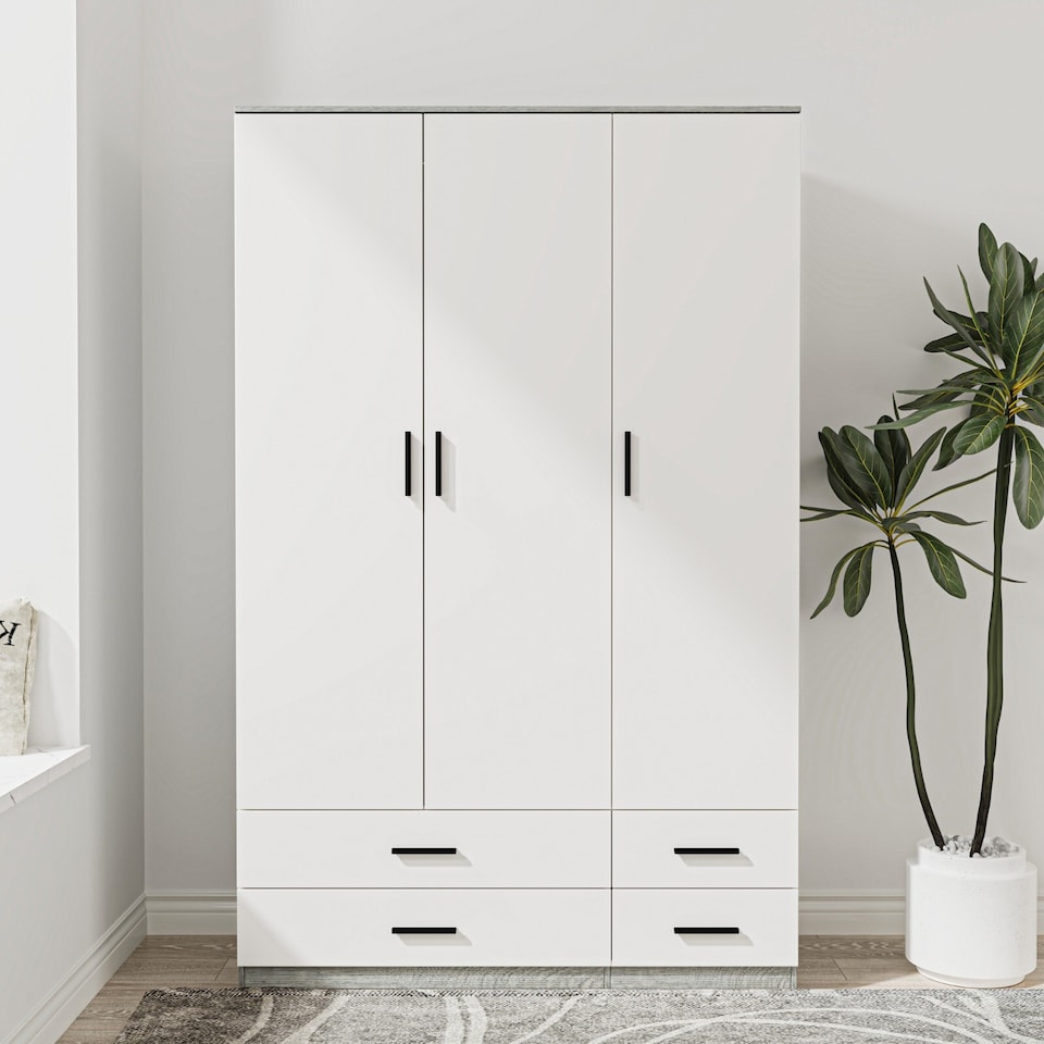 image 1 of 3 Door 4 Drawer Wardrobe With Hanging Rail And Storage Shelf | Grey | Ash Grey Carcass & White Door | 1