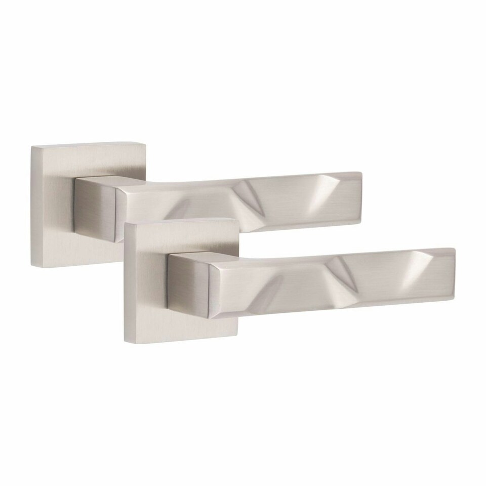 image 1 of Golden Grace 1 Pair Modern Nova Premium Design Door Handles on Square Rose in Satin Nickel Finish with 3" Ball Bearing Hinges and 2.5" Tubular Latch Grey