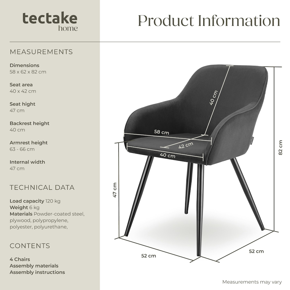 image 1 of Dining Chair Marilyn - corduroy look, upholstered, armchair, continuous backrest - Set of 4 Grey | Anthracite/Black