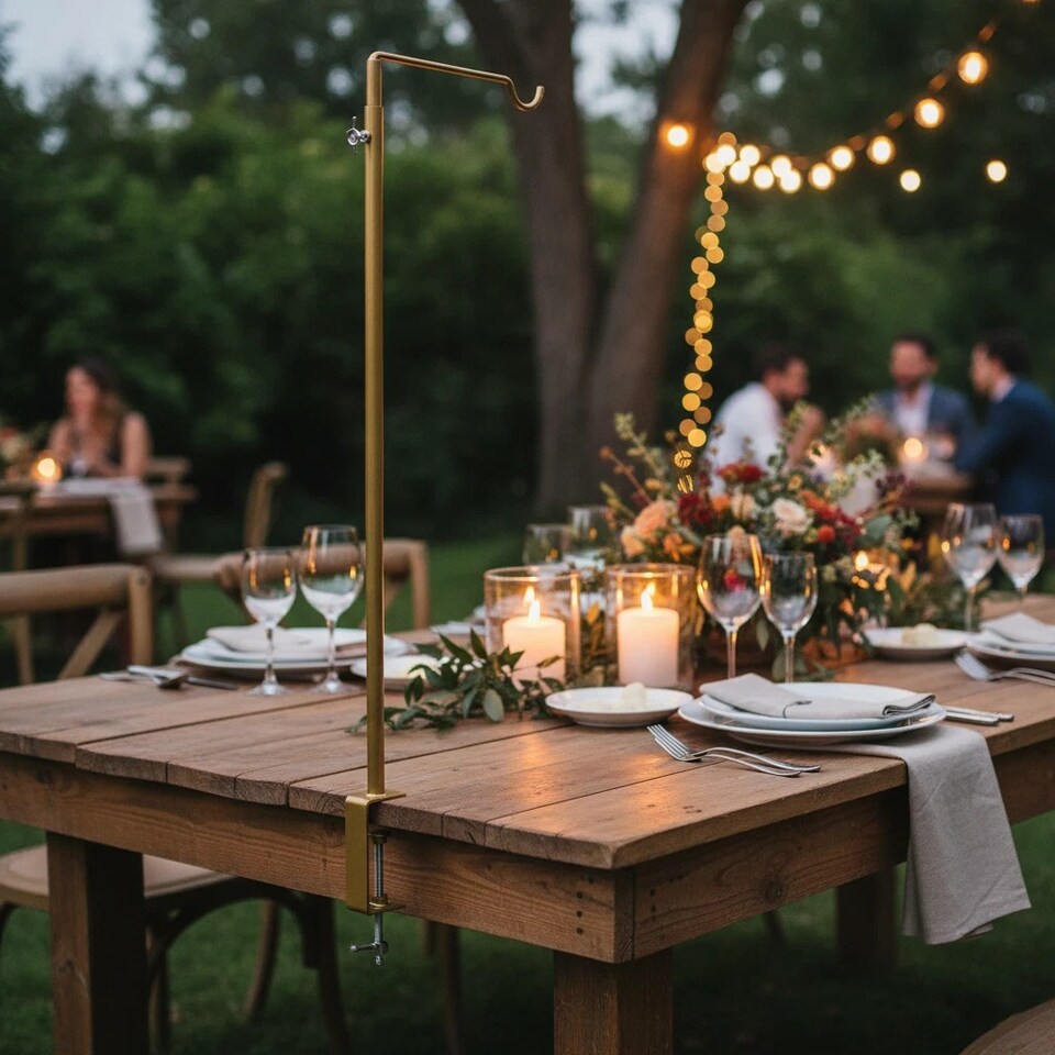 image 1 of Gold Metal Table Clamp Pole Hook Rail Stand Garden Lantern Hanger Party Rod | Gold | Set of 2