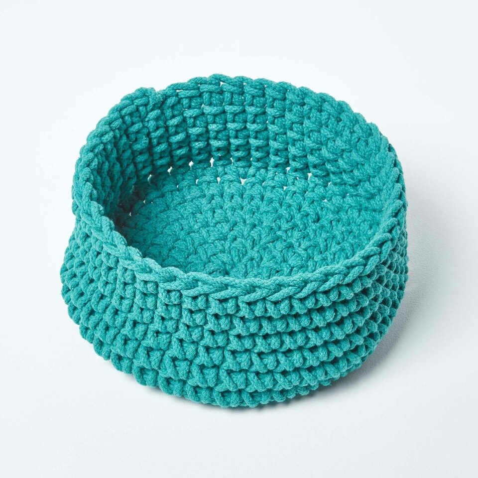 image 1 of Homescapes Teal Green Cotton Knitted Round Storage Basket - 37 x 21 cm Green | M