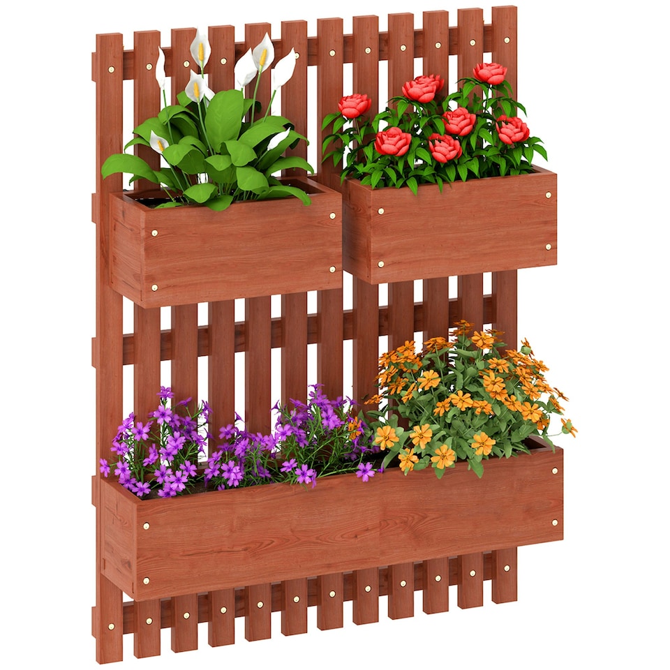 image 1 of Outsunny Wooden Garden Planters with Trellis Wall-mounted Raised Bed Brown