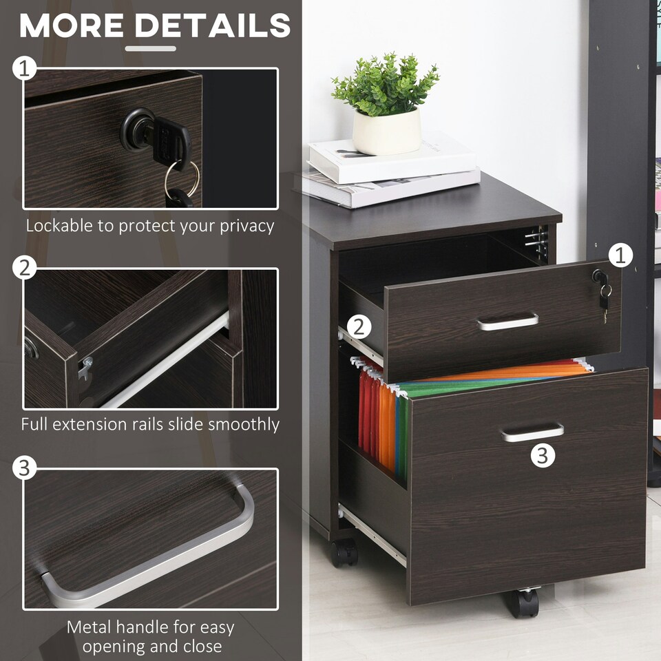 image 1 of Vinsetto 2-Drawer Locking Office Filing Cabinet 5 Wheels Rolling Storage Brown