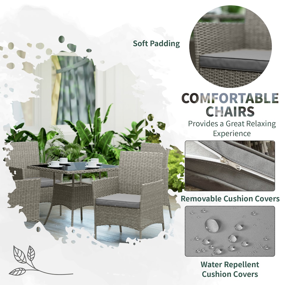 image 1 of Outsunny Rattan Outdoor Dining Table and Chairs for 4, Light Grey