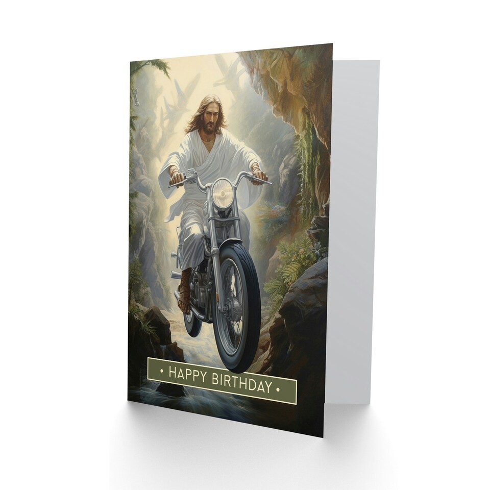 image 1 of Happy Birthday Christ on a Bike Funny Motorcycle Jesus Birthday Card