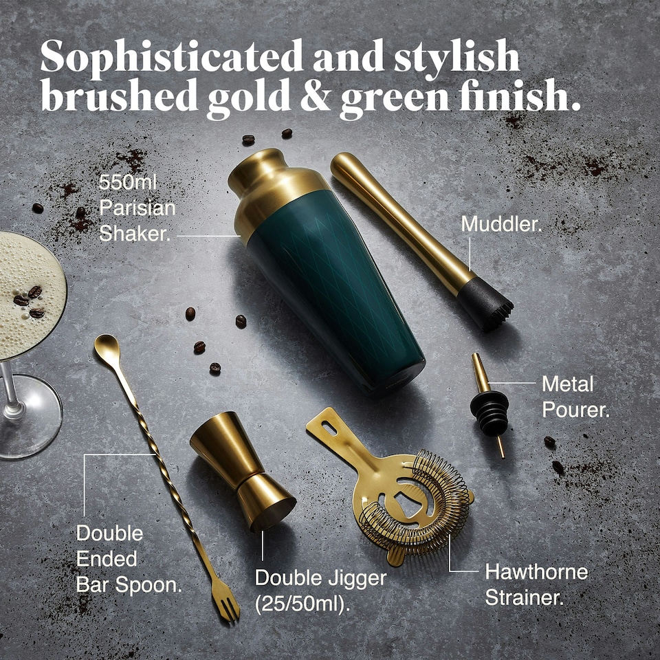 image 1 of VonShef Cocktail Shaker Set, Green & Gold 6pc Set with Parisian Shaker & Accessories