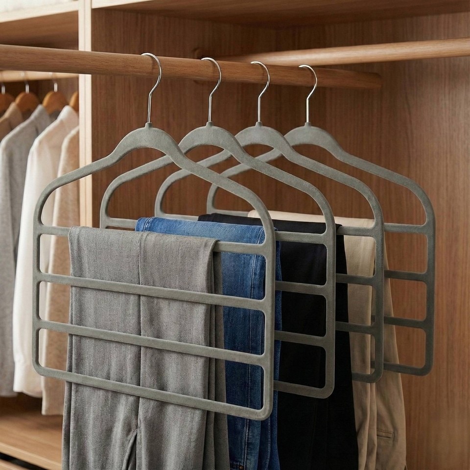 image 1 of 4 Bar Velvet Trouser Hangers Space Saving Non Slip Wardrobe Organiser Black Grey | Grey | Grey | Set of 4
