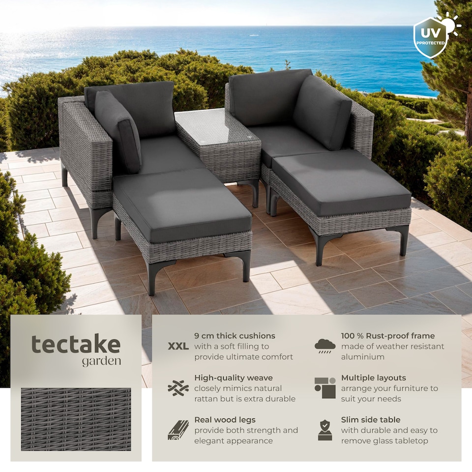 image 1 of Garden Furniture Set Bellaria - 2 armchairs, 2 stools, side table, thick seat cushions | Grey | grey | 169,50 x 204 x 74 cm | 1
