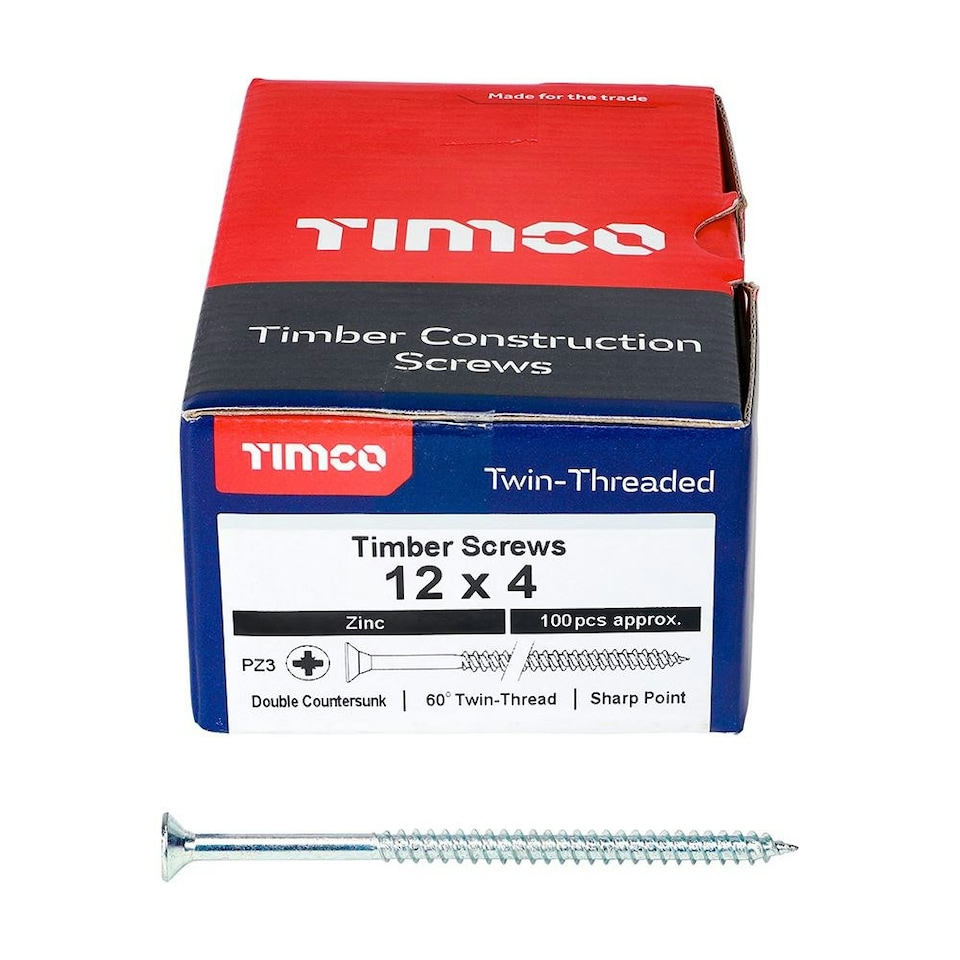 image 1 of Timco - Twin-Threaded Woodscrews - PZ - Double Countersunk - Zinc (Size 12 x 4 - 100 Pieces)