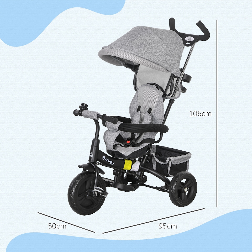 image 1 of HOMCOM 6 in 1 Trike, Kids Tricycle, Pedal Push Bike with Parent Handle, Removable Canopy, 5-Point Safety Belt, Storage, Footrest, Brake, for 1-5 Years Toddler, Grey