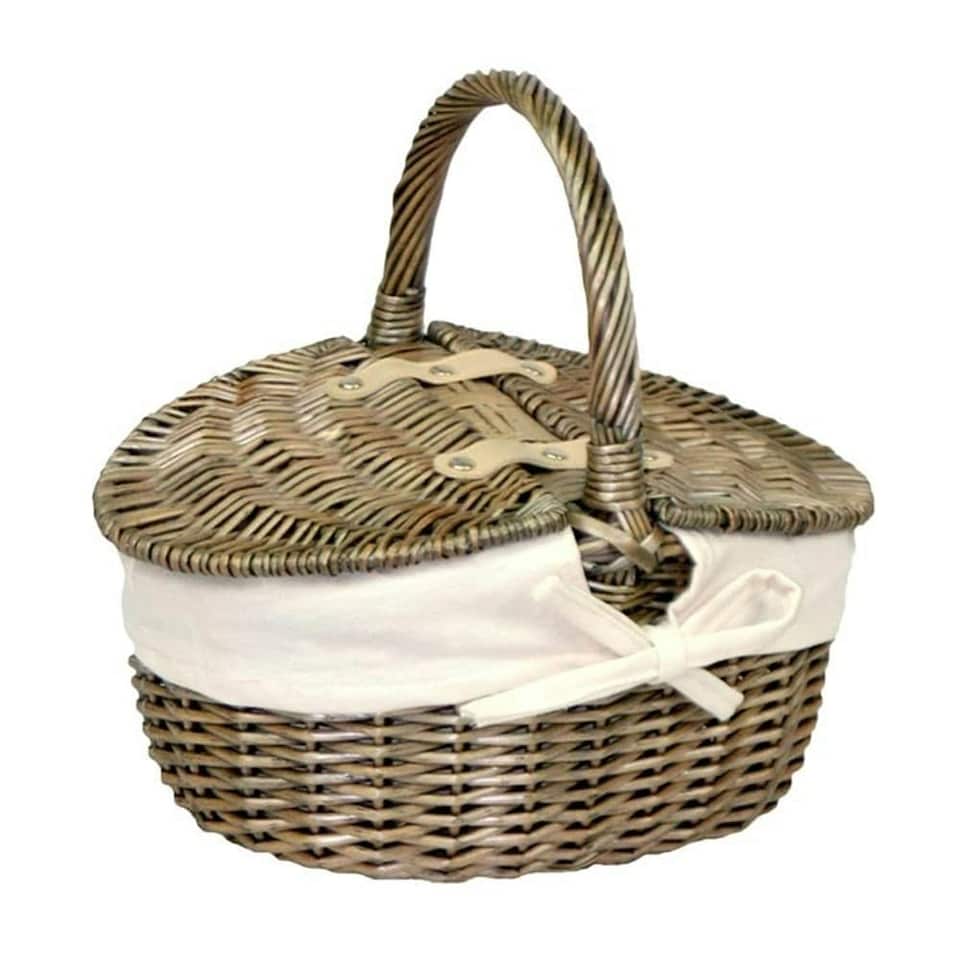 image 1 of Small Antique Wash Finish Oval Picnic Basket with Grey Sage Lining | Grey | Grey | One Size