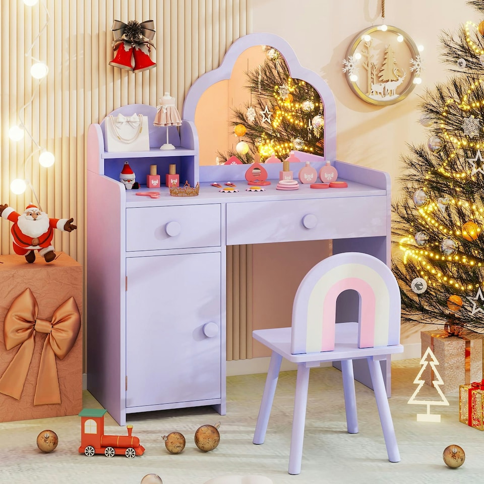 image 1 of COSTWAY Kids Vanity Table and Chair Set w/Mirror Purple