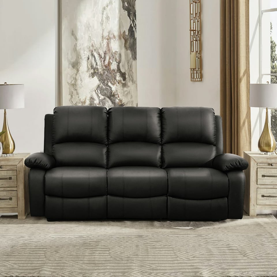 image 1 of Faux Leather 3 Seat Reclining Sofa In Black