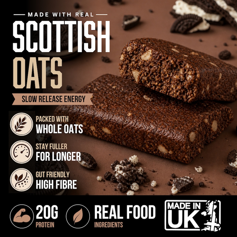 image 1 of Warrior RAW Protein Bars 12 x 75g – 20g High Protein Bar, Low Sugar High Fibre Oat Protein Flapjack – Protein Snacks, Meal Replacement Bars (Cookies & Cream)