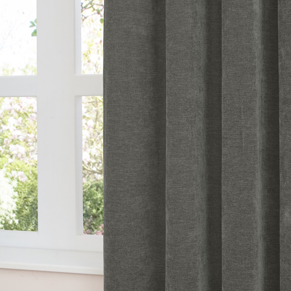 image 1 of Furn Soft Chenille Blackout Pencil Pleat Curtain Pair, 117cm width x 137cm drop | Grey | Charcoal | (W) 117cm x (L) 137cm | 1