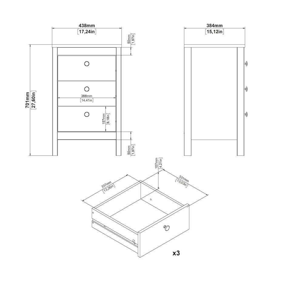 image 1 of Madrid Bedside Table 3 Drawers in Cashmere N/A