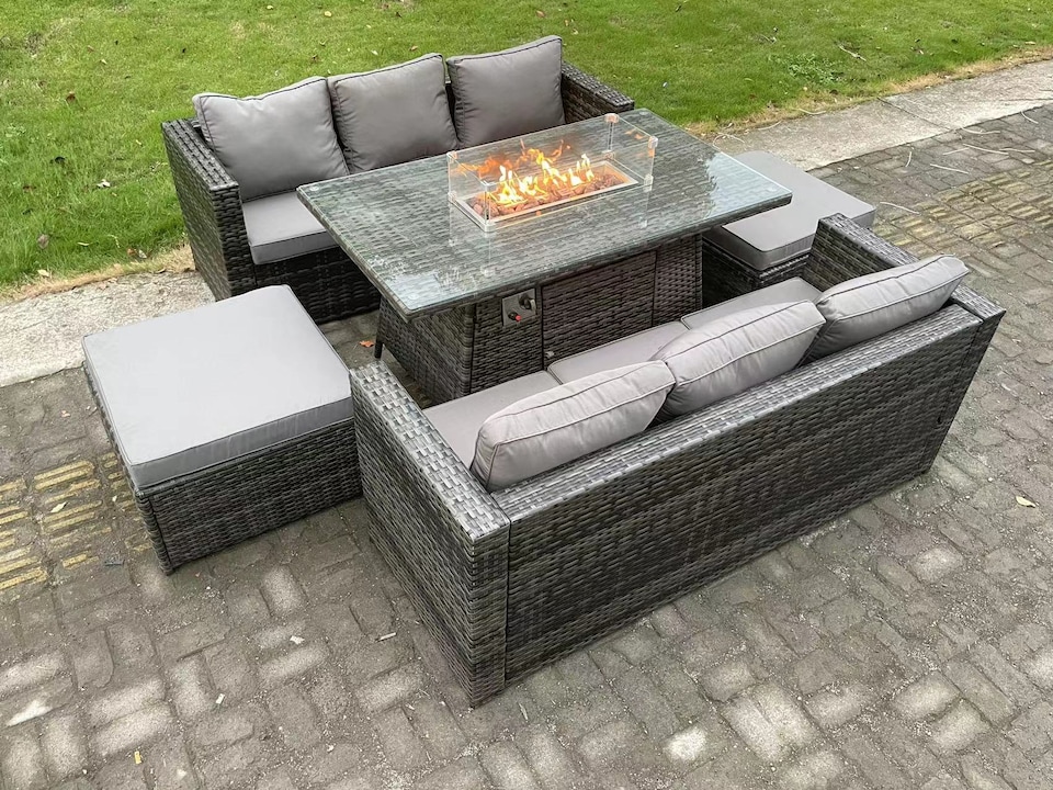 image 1 of Fimous 8 Seater Outdoor Rattan Garden Furniture Sofa Set Gas Fire Pit Dining Table Gas Heater Burner With 3 Seater Sofa 2 Big Footstools Dark Grey Mixed