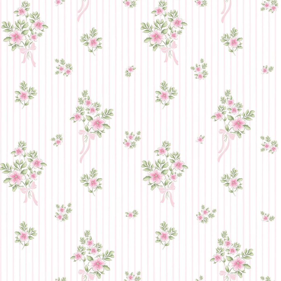 image 1 of Floral Bouquet Pinstripe Wallpaper in Light Pink and Pink | Pink | Light Pink | 50cm x 10m